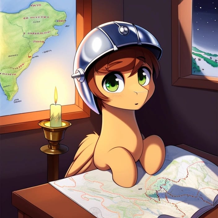 safe, digital painting, (e621_p_95), ((derpibooru_p_95)), 4k, a ((male)) (pegasus) ((pony)) (wearing a too large helmet), ((pegasus drawing a map)), mapping, brown fur, brown hair, tousled mane, green eyes, (detailed pony face), detailed shading, anatomically correct, (sitting at a desk), (shiny coat), (detailed eyes), whole body, (cute), peaceful, ((carthographer)), solo, medieval drawing room, (quill), ink pot, compass, spyglass, candle light, globe, night outside a window, night