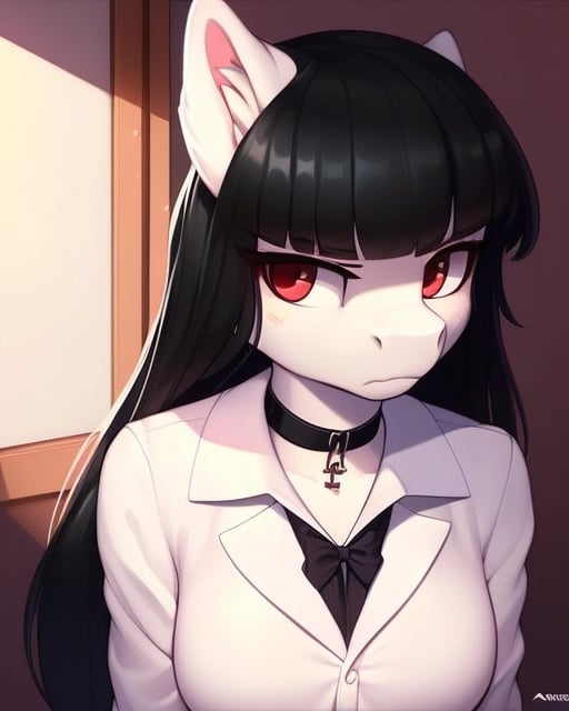 safe, (derpibooru_p_95), ((anthro pony)), female, black medium hair, (institutional white body), school uniform, frown, black choker, looking at you, ((dorm room background)), 8k, very highly detailed, soft shading, morning, portrait, (solo)