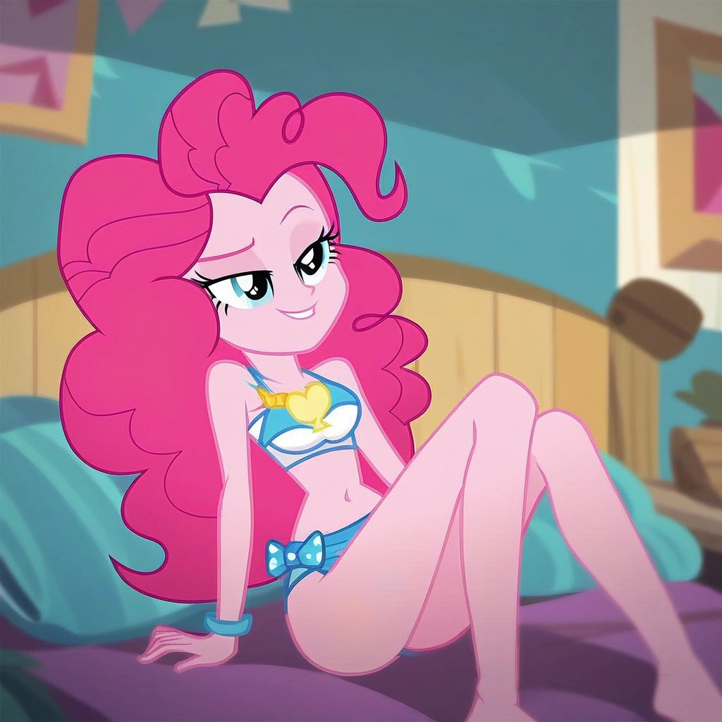 score_9, digital painting, show_accurate, equestria_girls, pinkie pie, bedroom_eyes, smirk, bikini