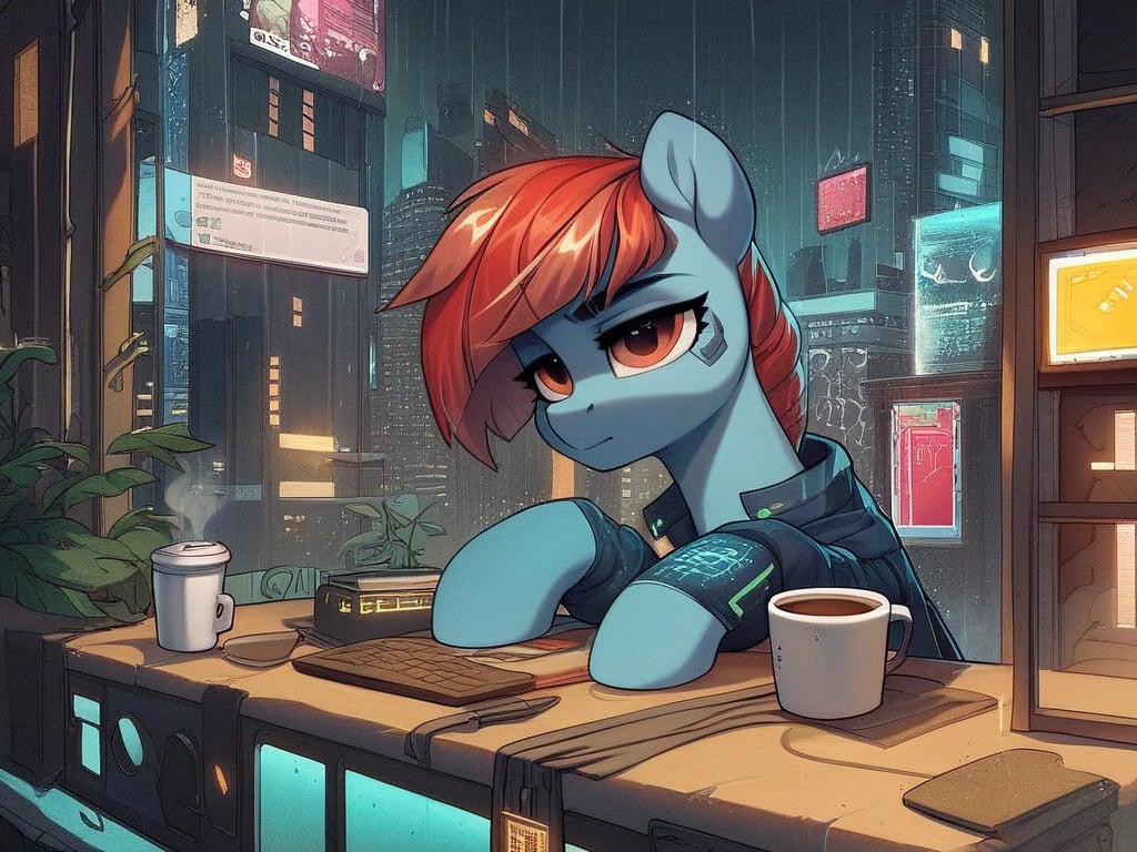 score_9, rating_safe, pony, solo, cup, cyberpunk, high res, hologram, oc, rain, screen, coffee cup, oc only, oc:topograph, official comic, idw, andy you magnificent bastard, detailed, beautiful