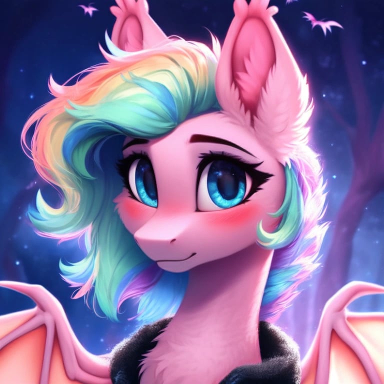 score_9, pony, solo, feral, deep blush, detailed pony, bat pony, pink skin, pastel rainbow hair, bright blue eyes, detailed wings, eyelashes, cute, fluffy ears, beautiful, pretty, highly detailed, night, dark, intricate design, highest quality, intricate details, 4k, digital art, perfect anatomy, perfect proportions, extra HD, detailed jacket