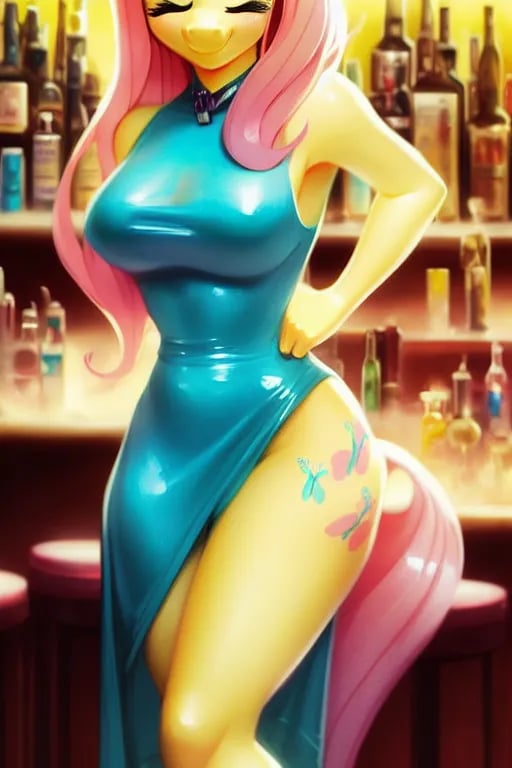 a smiling cheerful adorasexy anthro fluttershy, light yellow body, turquoise hair, eyes closed, shiny dress, skimpy, beautiful, cute pony face, attractive, masterpiece, highly detailed fantasy art, detailed, soft shading, art by <redacted> and <redacted>, solo, portrait, bar, stocking