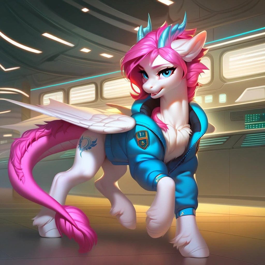 score_9, full body, pony, feral, dragon pony, white body, pink hair, blue eyes, detailed fur, detailed face, poofy hair, fluffy ears, horns, dragon tail, draconic wings, beautiful, pretty, solo, jacket, blue jacket, 2d, absurd resolution, highest quality, inside, sci-fi, spaceship kitchen, stoves, counters