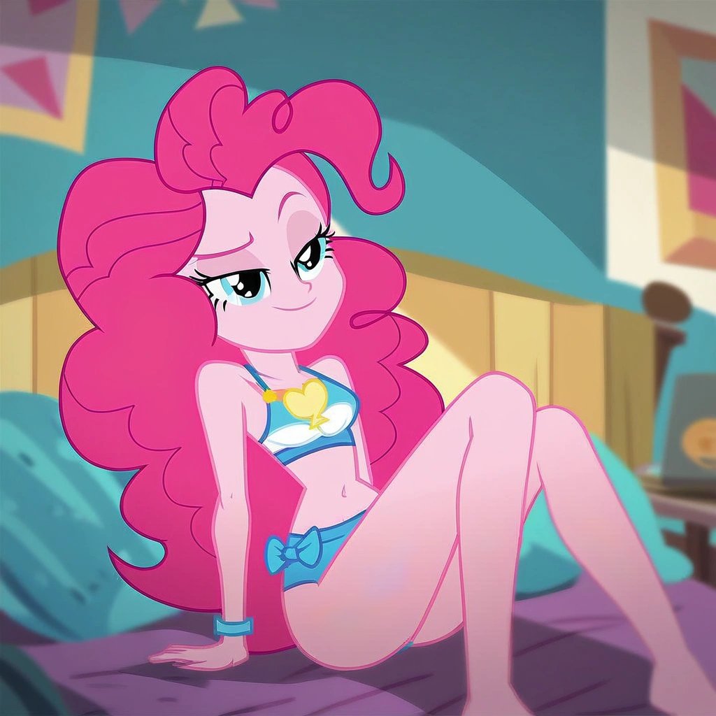 score_9, digital painting, show_accurate, equestria_girls, pinkie pie, bedroom_eyes, smirk, bikini