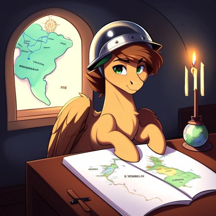 safe, digital painting, (e621_p_95), ((derpibooru_p_95)), 4k, a ((male)) (pegasus) ((pony)) (wearing a too large helmet), ((pegasus drawing a map)), mapping, brown fur, brown hair, tousled mane, green eyes, (detailed pony face), detailed shading, anatomically correct, (sitting at a desk), (shiny coat), (detailed eyes), (cute), peaceful, ((carthographer)), solo, medieval drawing room, (quill), ink pot, compass, spyglass, candle light, globe, night outside a window, night