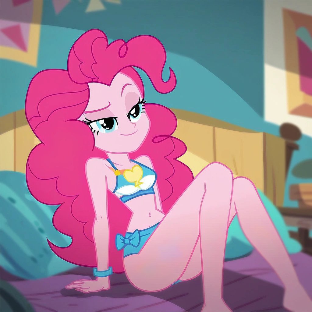 score_9, digital painting, show_accurate, equestria_girls, pinkie pie, bedroom_eyes, smirk, bikini