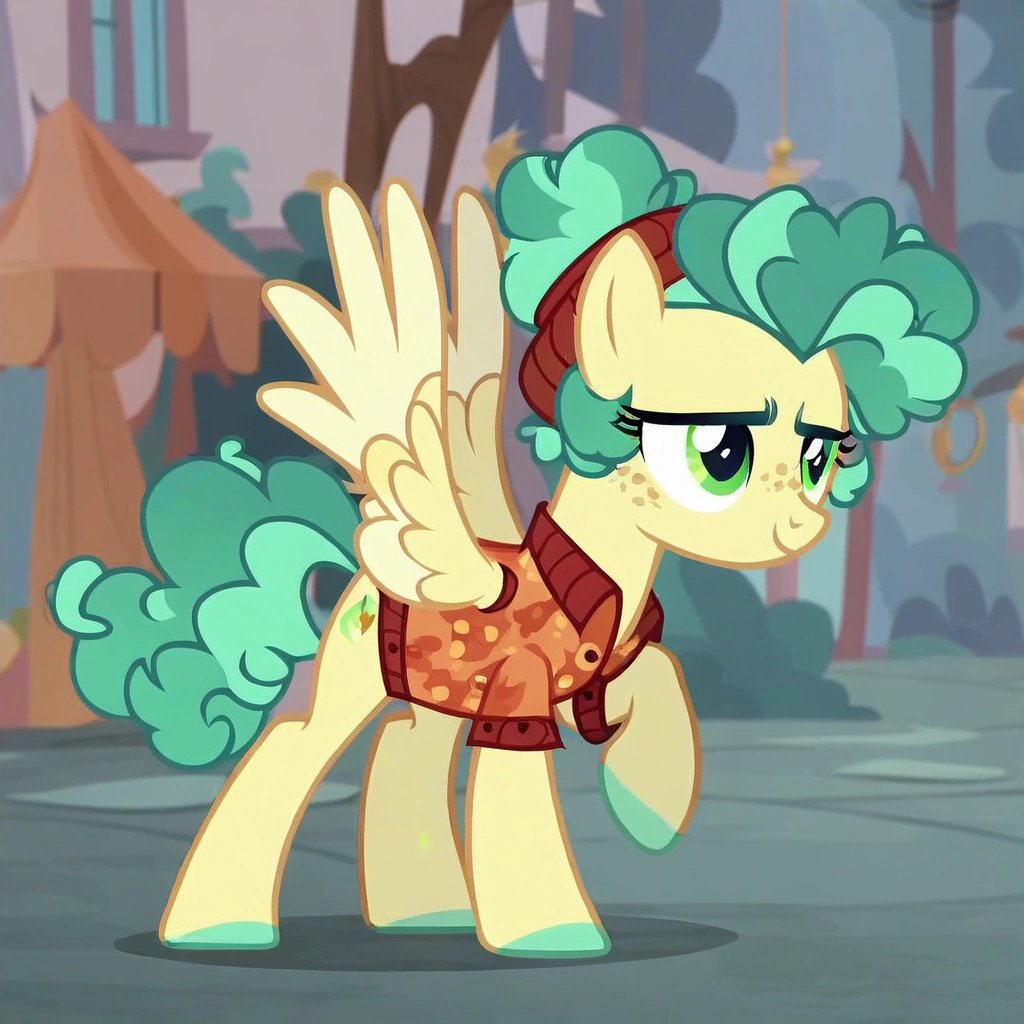 Base pony, screenshot from mlp, presenting pose, 2d, score_9, (rating_safe), pony base hybrid long tail feathered wings cap