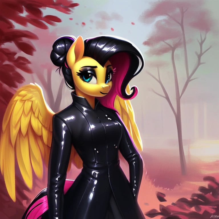 score_9, rating_safe, anthro pony, alone, fluttershy, black hair highlights, black eyeshadow, black lips, black shiny ridingboots, ((equestrian tailcoat outfit latex)), proud, standing, beautiful, detailed, hair bun