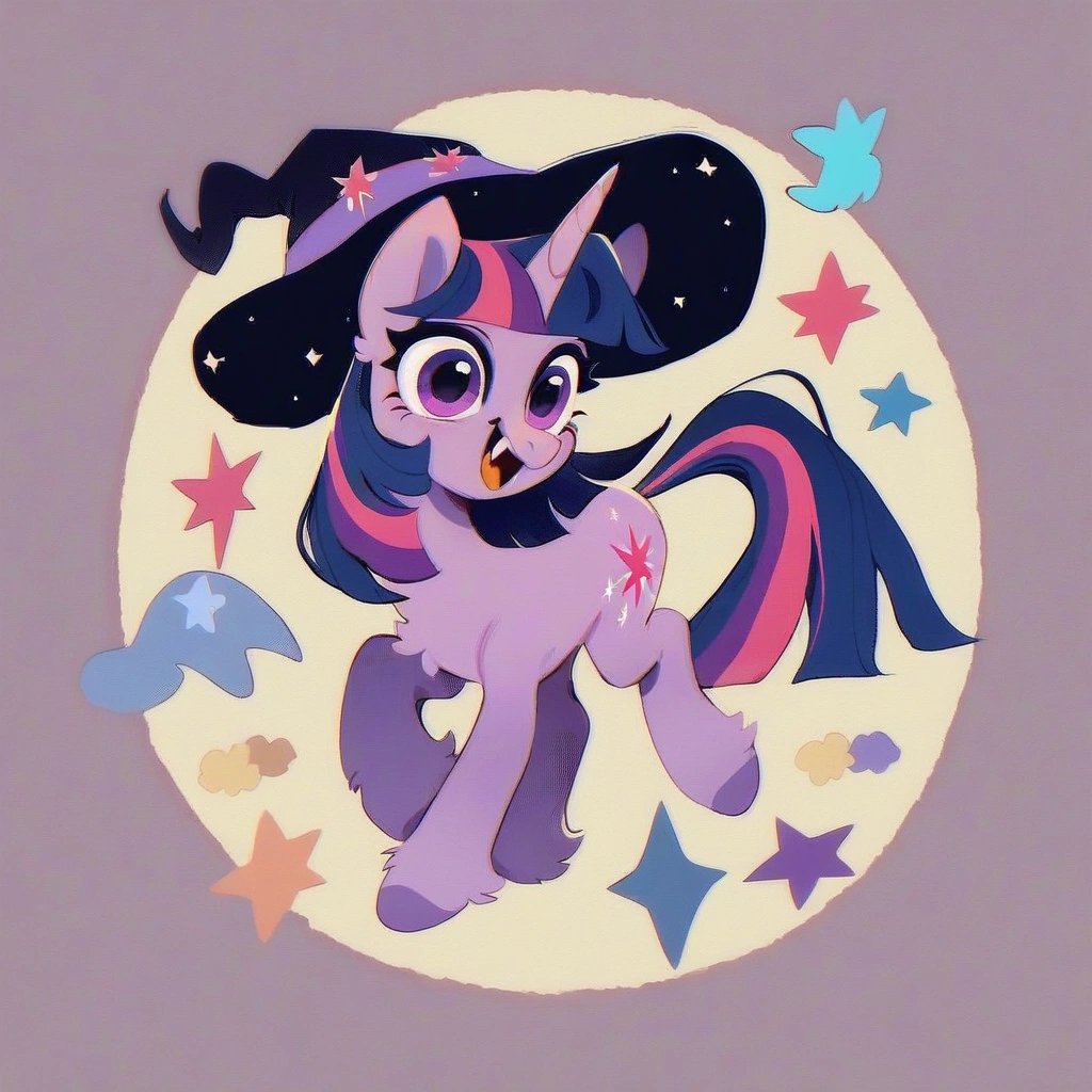 score_9, (rating_safe), Twilight  Sparkle,  Sticker,  Pony , witch hat width ,happy, unicorn pony, full body, bad anatomy, looking at you, fangs, fluffy,