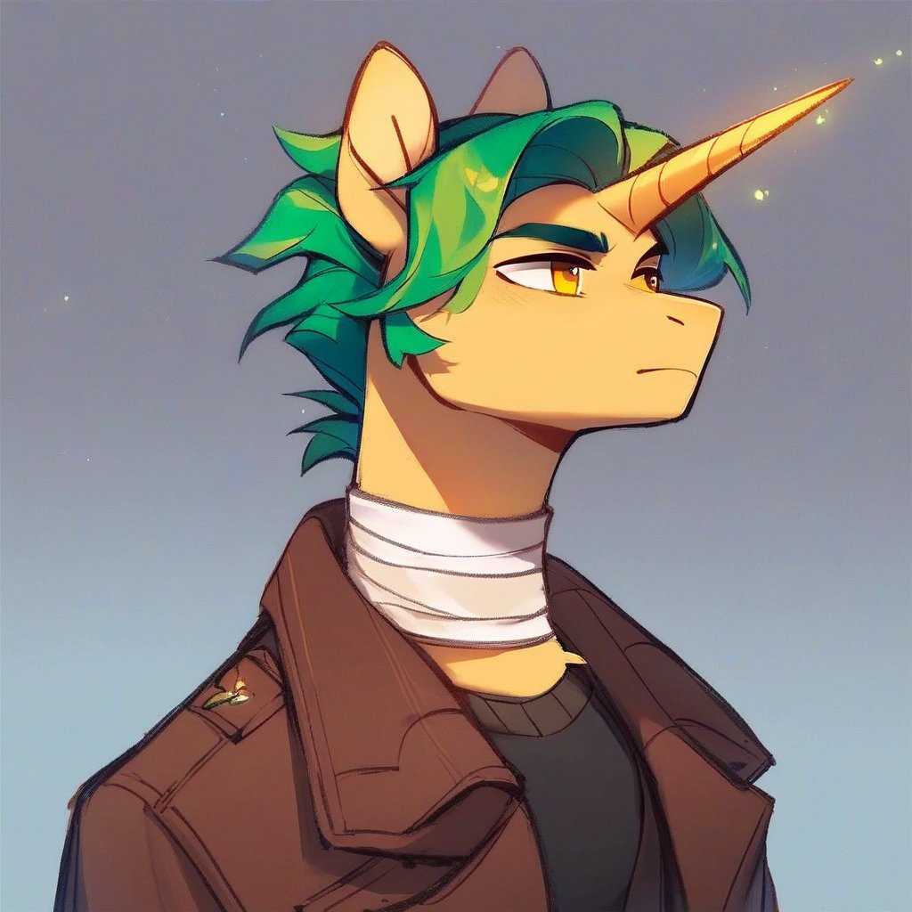 score_9, (rating_safe), beige male unicorn pony, glowing yellow eyes, greenish mane, bandages on neck, brown adventurer jacket, dark sky background