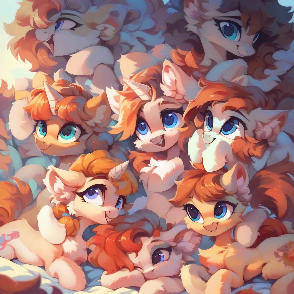 score_9, pony, feral, blue eyes, fluff, (ear fluff, chest fluff, face fluff, leg fluff, arm fluff), harem, 5 girls, open arms, smiling, open arms, welcoming