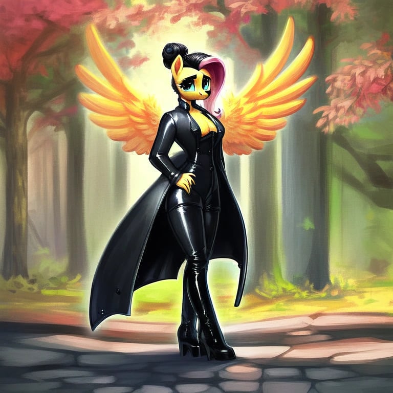 rating_safe, score_9, rating_safe, anthro pony, alone, fluttershy, black hair highlights, black eyeshadow, black lips, black shiny ridingboots, ((equestrian tailcoat outfit latex)), proud, standing, beautiful, detailed, hair bun