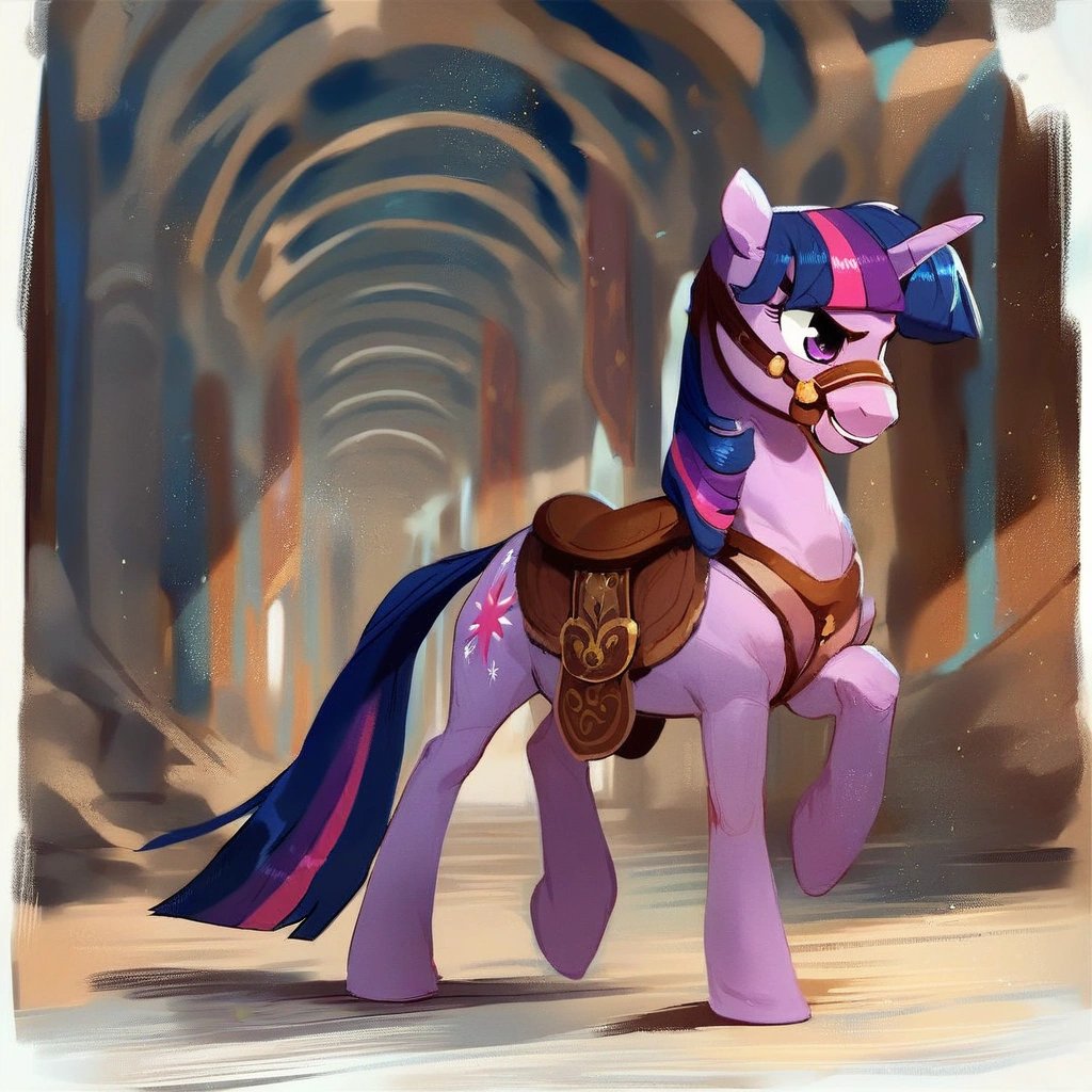 score_9, (rating_safe), Twilight_Sparkle, unicorn, Twilight acting like a horse, briddle, saddle, dressage, arena, tacked up.