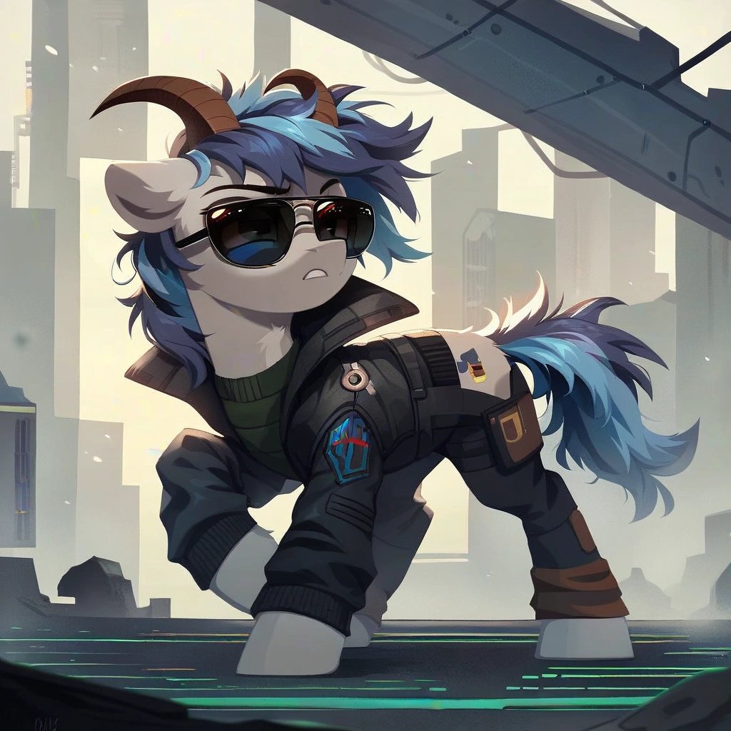 (rating_safe), score_9, 1.5 my little pony stands in a futuristic cityscape with a goat-pony hybrid. It has a thick coat of fur and messy mane that contrasts with its long muzzle. The goat horns on the animal's head are elaborate, adding to its unique appearance. The 1.5 my little pony is wearing a futuristic outfit, complete with aviator sunglasses and a stylish jacket. Together they explore