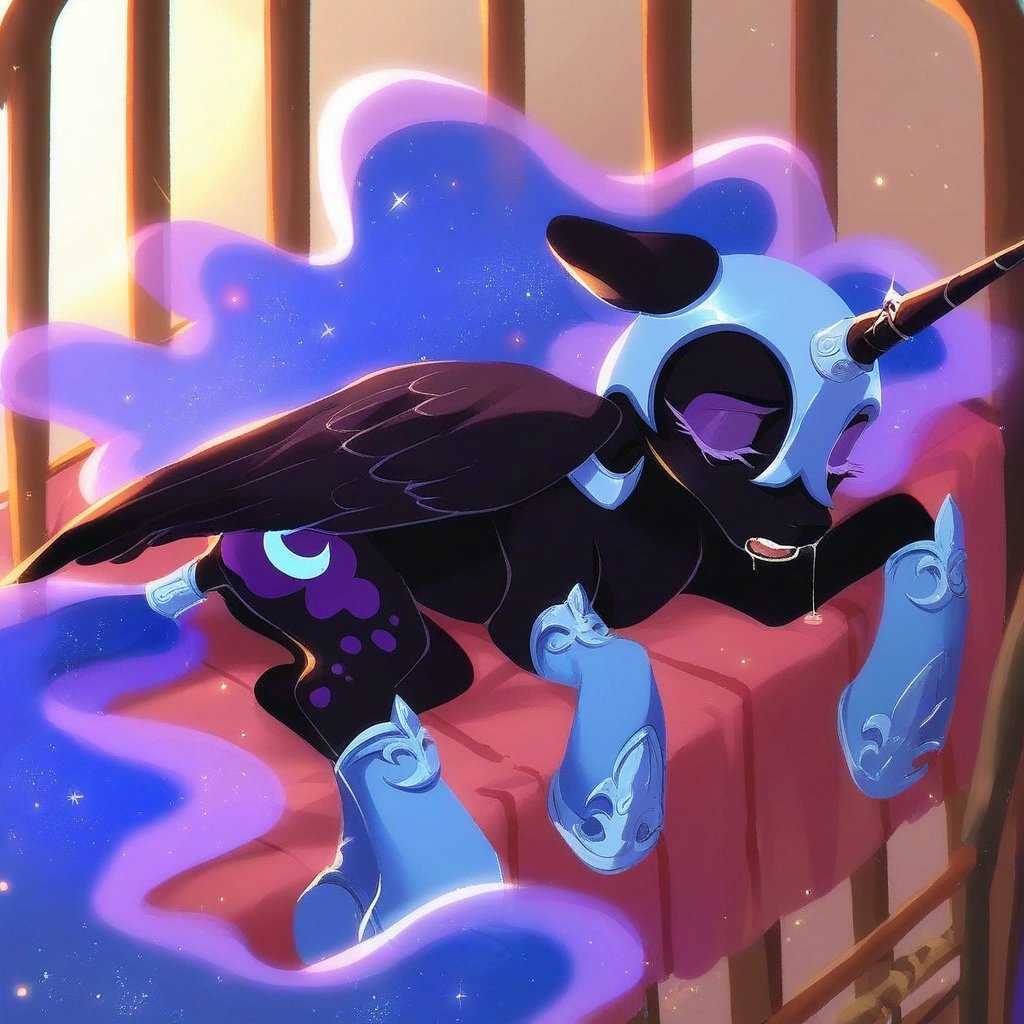 (rating_safe), score_9, nightmare moon, pony, alicorn, drooling, horn ring, wings, blue pajamas, solo, female, blue socks, eyes closed, (sleeping), ((laying in crib)), dock, horse tail, ((ethereal tail).