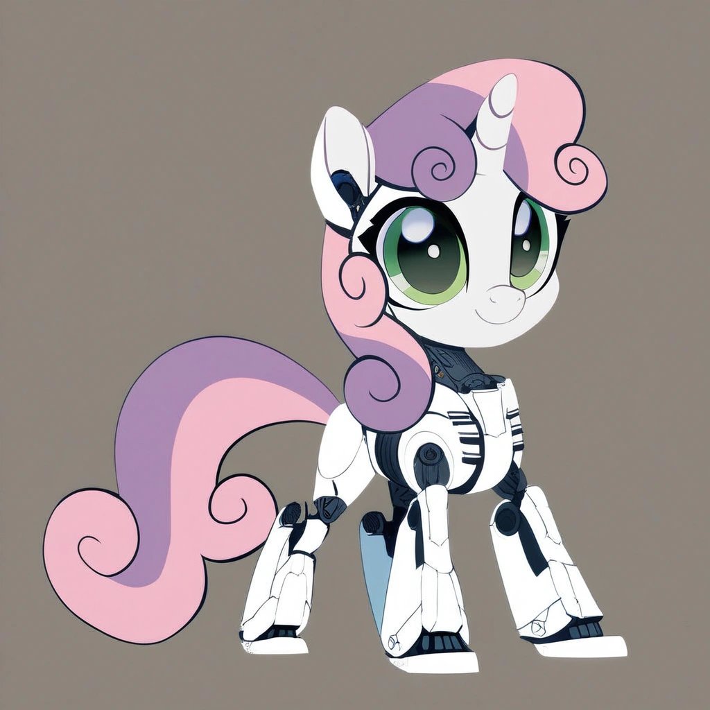 score_9, (rating_safe), Sweetie Belle, pony, feral, android, cybernetics on body, cybernetics on face, printed tracks on the face, cybernetics on legs, white metal, unicorn, mare, 3/4 view, full body, pony body, cute, smiling, standing, high detail, green eyes, big eyes, movie accuarte, vector, concept art, sketch