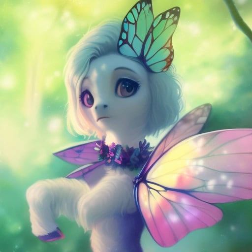 safe, pony, bust, portrait, insect, white fur, butterfly wings, soft atmosphere, cozy, well-lit, cinematic lighting, surprised, butterfly sitting on th nose, one hoof raised, oil painting, digital painting