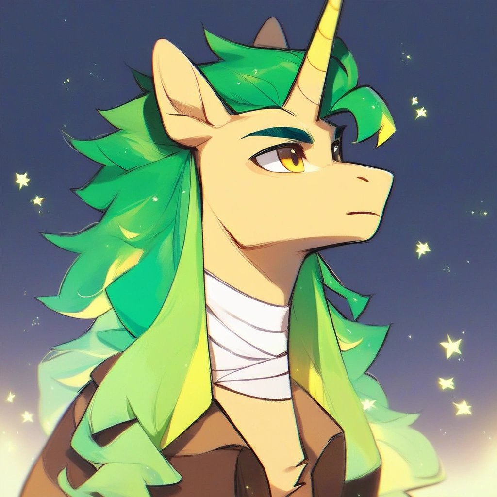 score_9, (rating_safe), beige male unicorn pony, glowing yellow eyes, greenish mane, bandages on neck, brown adventurer jacket, dark sky background