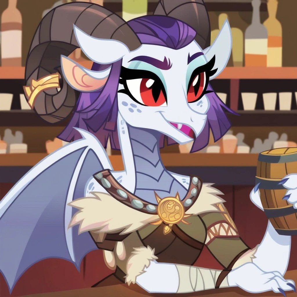 score_9, rating_safe, female, ((silver scales)),((mlp anthro dragon)),  ((dark red eyes)) ((purple hair)) Viking, Dragon wings, show accurate, sitting at a bar , absurd res, curved horns, short hair, tough looking