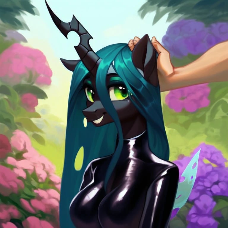 score_9, elegant Queen Chrysalis, anthro, portrait, skintight high neck black latex catsuit, smiling, human arm, petting, garden, source_pony