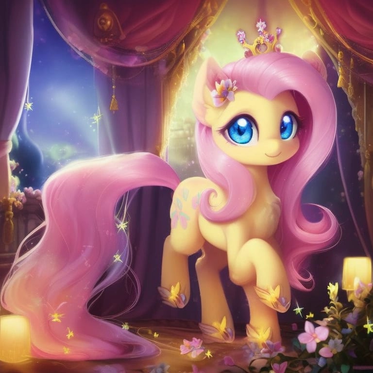 safe, (high quality, detailed, beautiful, cute, cute, little, happy filly Fluttershy) in royal bed, solo, (perfect anatomy), messy mane and tail, ear fluff, glowing, shiny, adorable face, detailed eyes, diadema, wings, sunlight, castle, realistic, cinematic lighting, outstanding, countershading, detailed soft lighting, oil painting