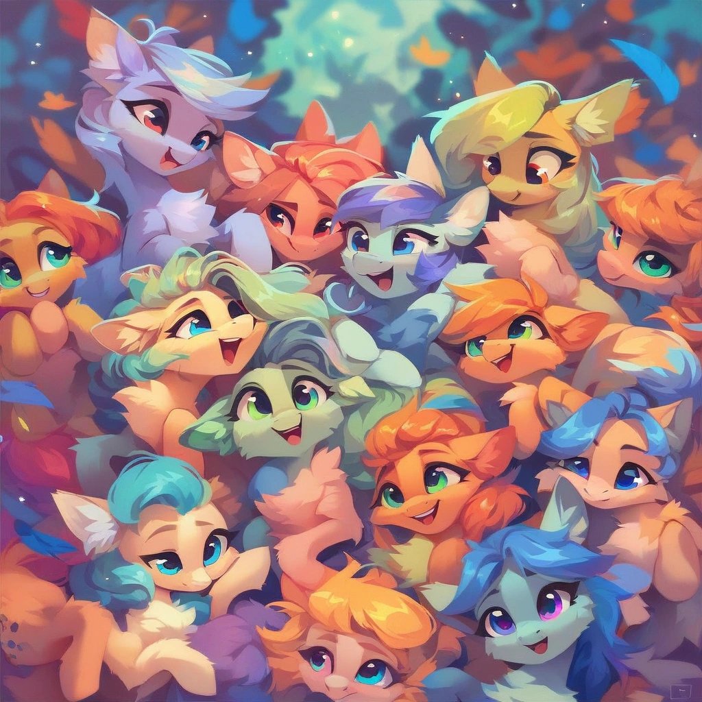 score_9, pony, feral, fluff, eyes, (ear fluff, chest fluff, face fluff, leg fluff, arm fluff), harem, 5 girls, pile, open arms, smiling, open arms, welcoming, colorful