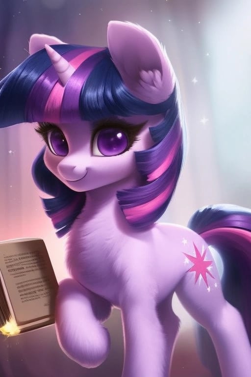 book, perfect face, cute pony body, solo, full body, detailed fur, wool, pony pony, cute pony smile,4K, High quality, perfect detailed,digital painting, soft shading, warm lighting, Fantasy art, pretty face, Twilight Sparkle