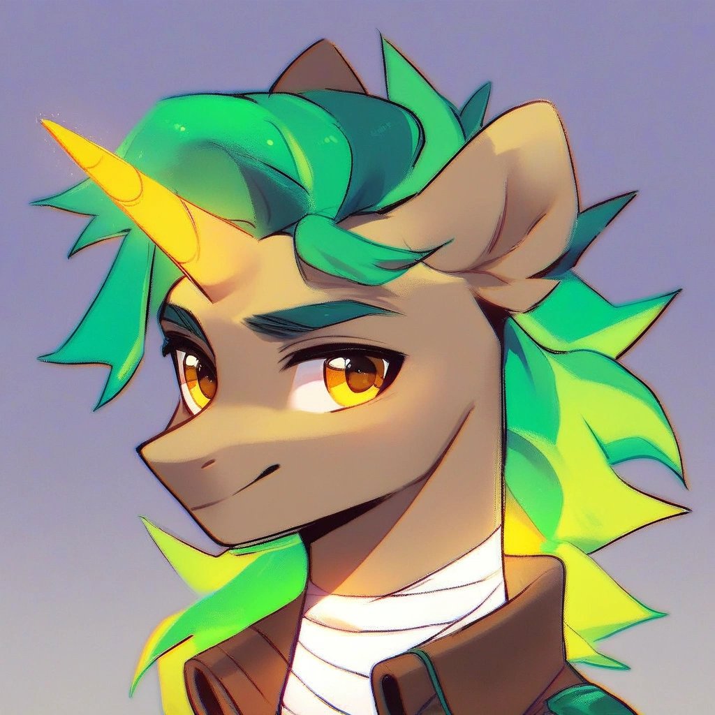 score_9, (rating_safe), beige male unicorn pony, glowing yellow eyes, greenish mane, bandages on neck, brown adventurer jacket, dark sky background