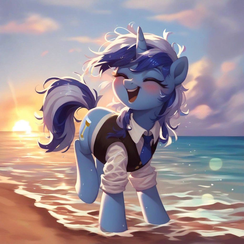 rating_safe, score_9, Minuette, unicorn, female, pony, g4, solo, wearing a shirt and tie, blue necktie, vest, elegant, rolled up sleeves, laughing, blushing, happy, wet, wet mane, wet clothes, messy mane, beautiful, hair flip, lens flare, beach, ocean, high res, full body, partially submerged