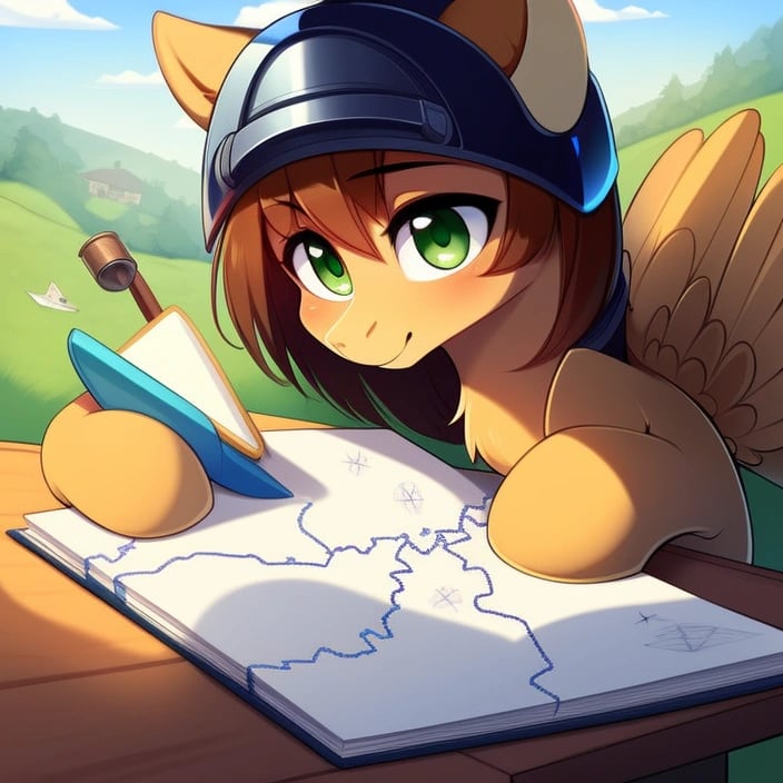 safe, digital painting, (e621_p_95), ((derpibooru_p_95)), 4k, a ((male)) (pegasus) ((pony)) (wearing a too large helmet), ((pegasus drawing a map)), mapping, brown fur, brown hair, tousled mane, green eyes, (detailed pony face), flying, detailed shading, anatomically correct, (sitting at a desk), (shiny coat), (detailed eyes), (cute), peaceful, ((carthographer)), solo, wilderness, (quill), (holding a clipboard), compass, spyglass, whole body