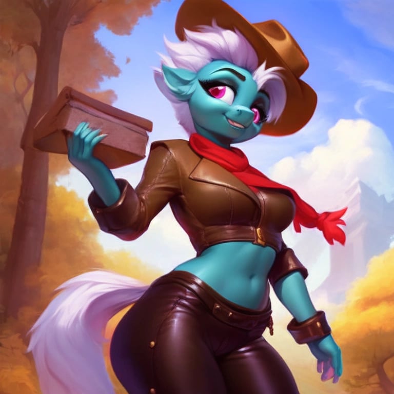 score_9, pony anthro fleetfoot leather pants wearing cowboy hat wings