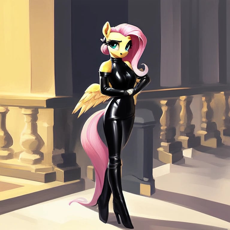 score_9, rating_safe, anthro pony, alone, fluttershy, black hair highlights, black eyeshadow, black lips, black shiny ridingboots, ((equestrian dressage outfit latex)), proud, standing, beautiful, detailed, hair bun