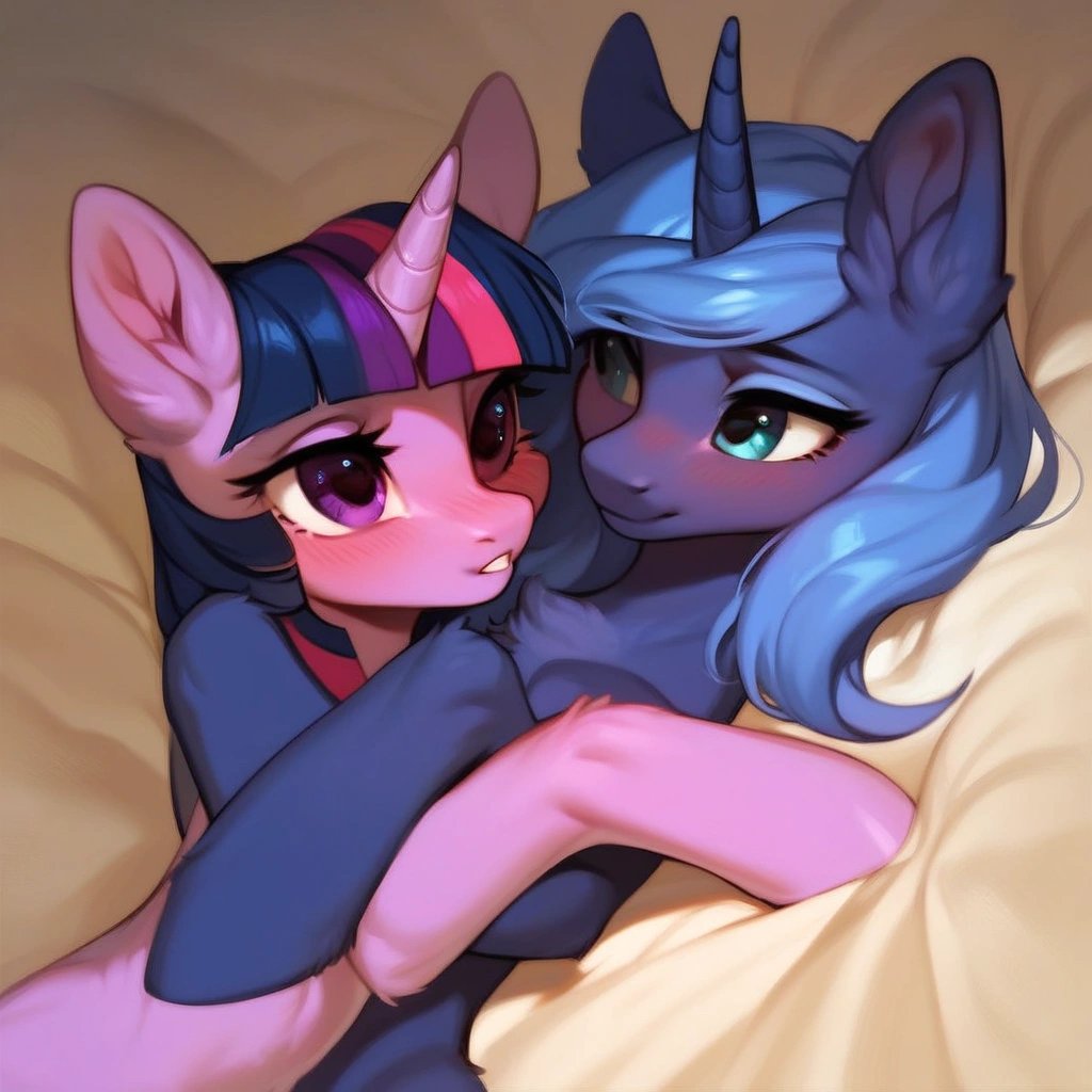 score_9, pony, feral, duo, twilight sparkle/princess luna, woona, adorasexy, cute, suggestive, alluring pose, detailed fur, detailed face, blush, fluffy ears, loving embrace, beautiful, pretty, fluffy chest, absurd resolution, absurd detail, cuddling, holding eachother, bed, nuzzling, hugging, loving embrace