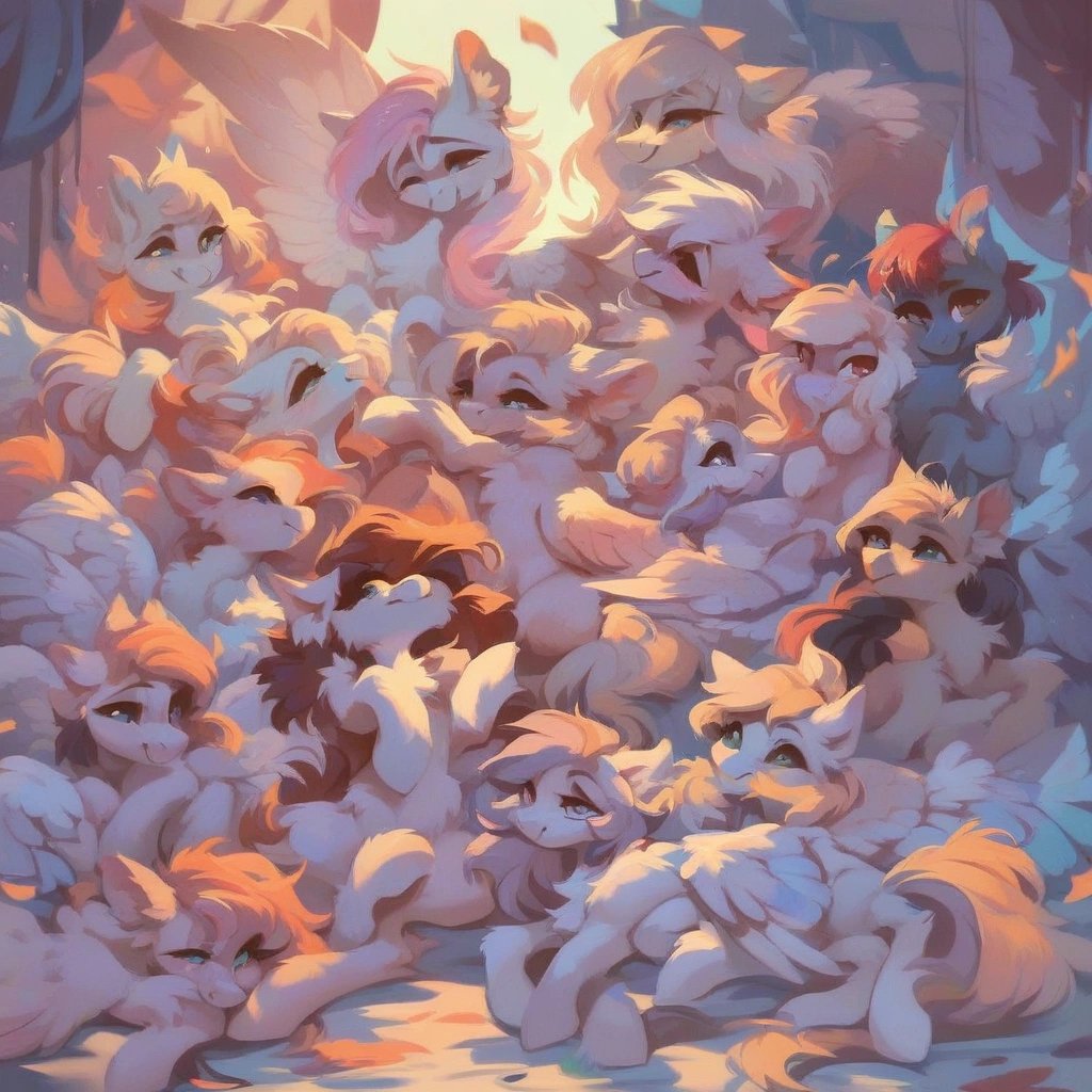 score_9, pony, feral, fluff, (ear fluff, chest fluff, face fluff, leg fluff, arm fluff), harem, 5 girls, open arms, smiling, welcoming, wings