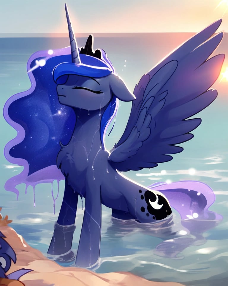 score_9, rating_safe, princess luna, alicorn, pony, g4, chest fluff, eyes closed, female, female focus, floppy ears, hair flip, high res, lens flare, mare, ocean, outdoors, partially open wings, partially submerged, slim, solo focus, spread wings, thin, water, wet, wet mane, wings