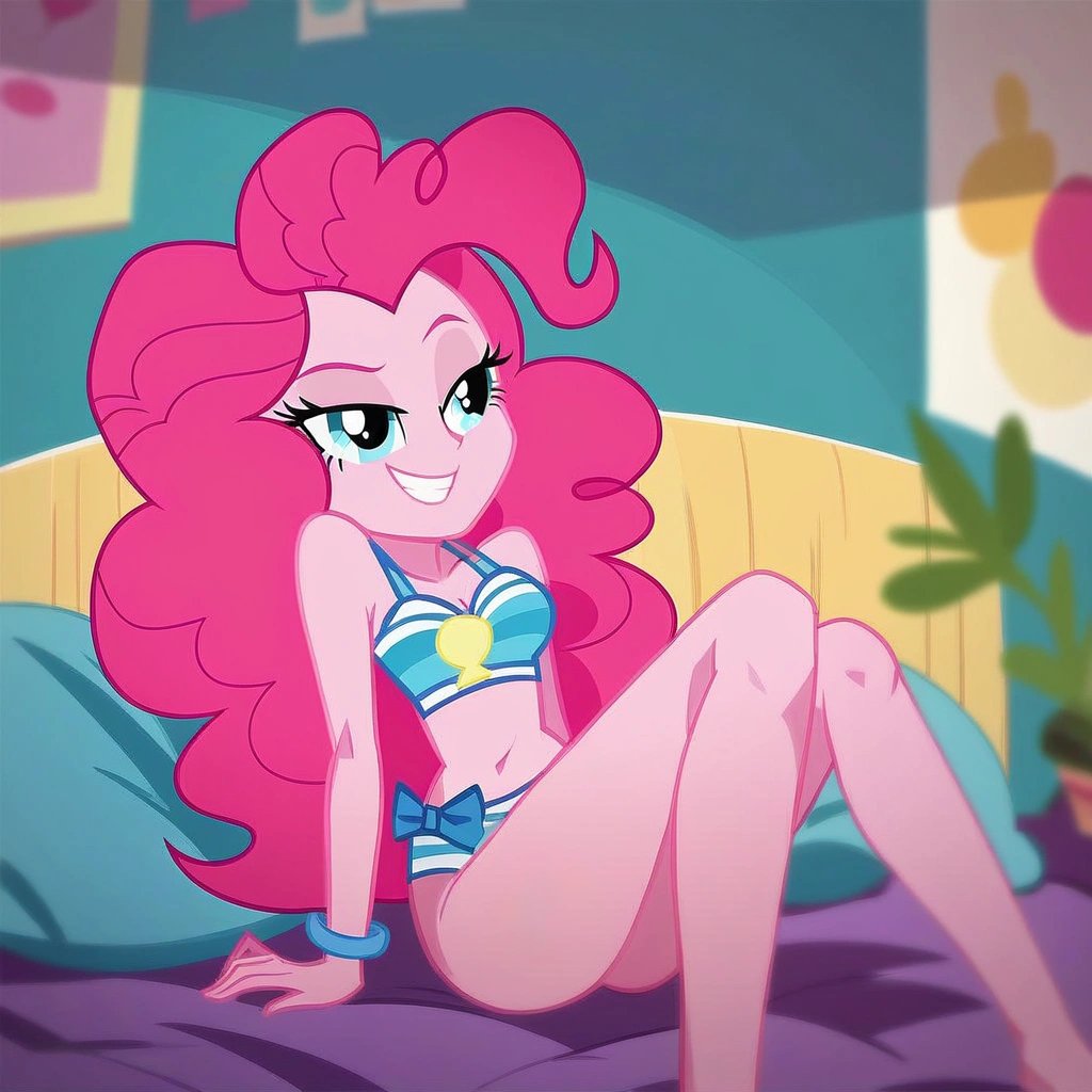 score_9, digital painting, show_accurate, equestria_girls, pinkie pie, nsfw, bedroom_eyes, smirk, bikini