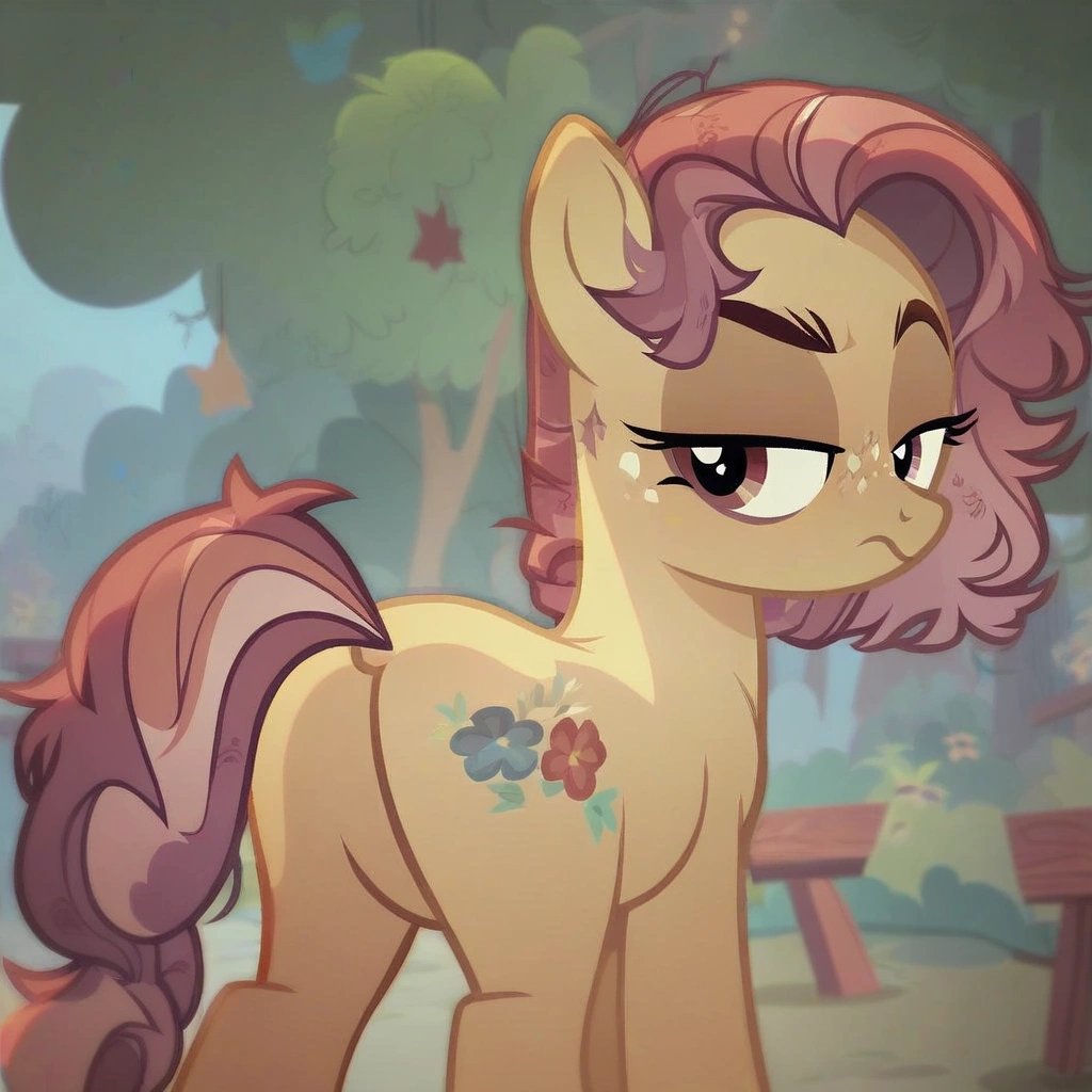 score_9, looking back at you, unamused, pony, show accurate, plot, plot in your face, plot focus, butt focus