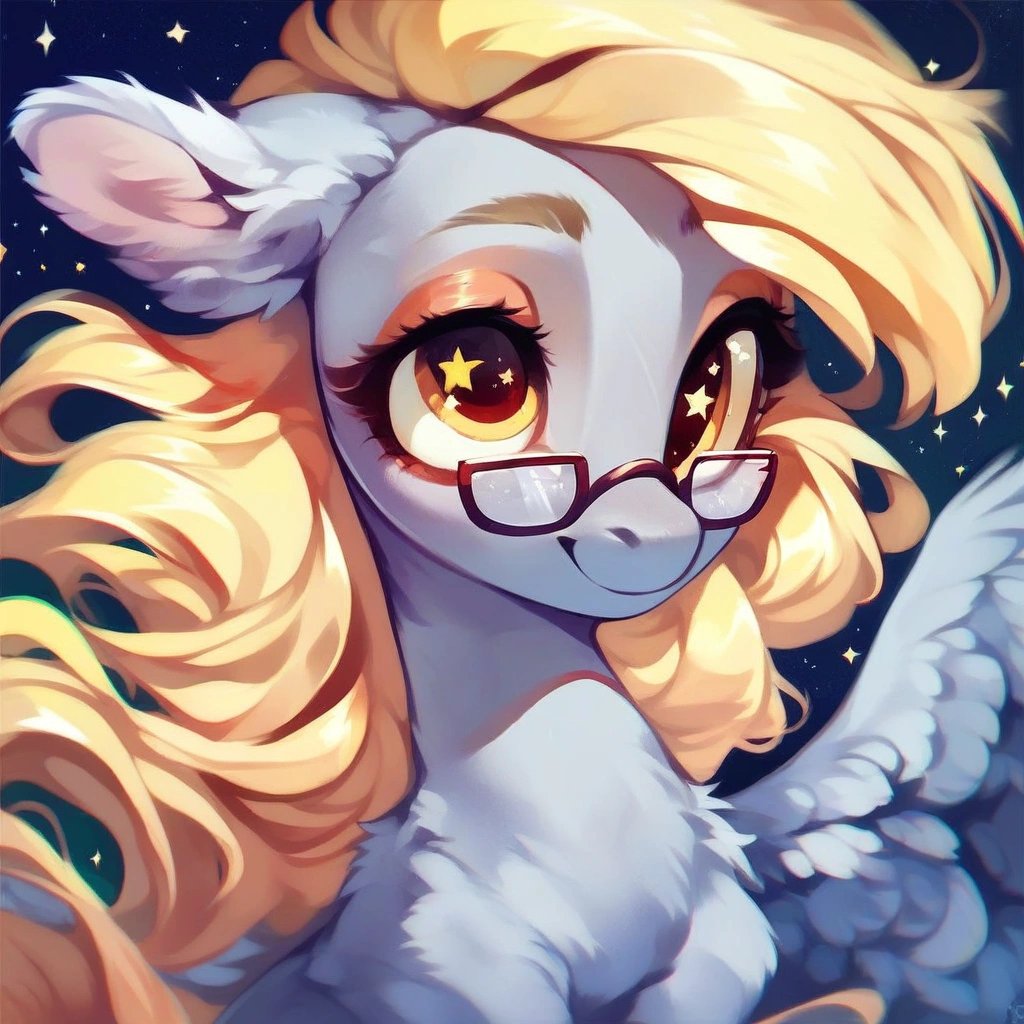 score_9, rating_safe, feral pony, Derpy with glasses, fluffy ears, smile, beautiful, pretty, eyeshadow, starry eyes, long mane