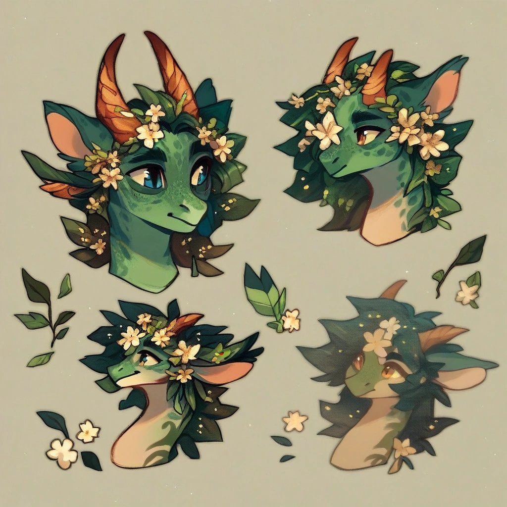 score_9, (rating_safe), pony base, reference, flower accessories, dragon horns, gentle palette, pattern on the body, jewelry, forest, nymph, nature