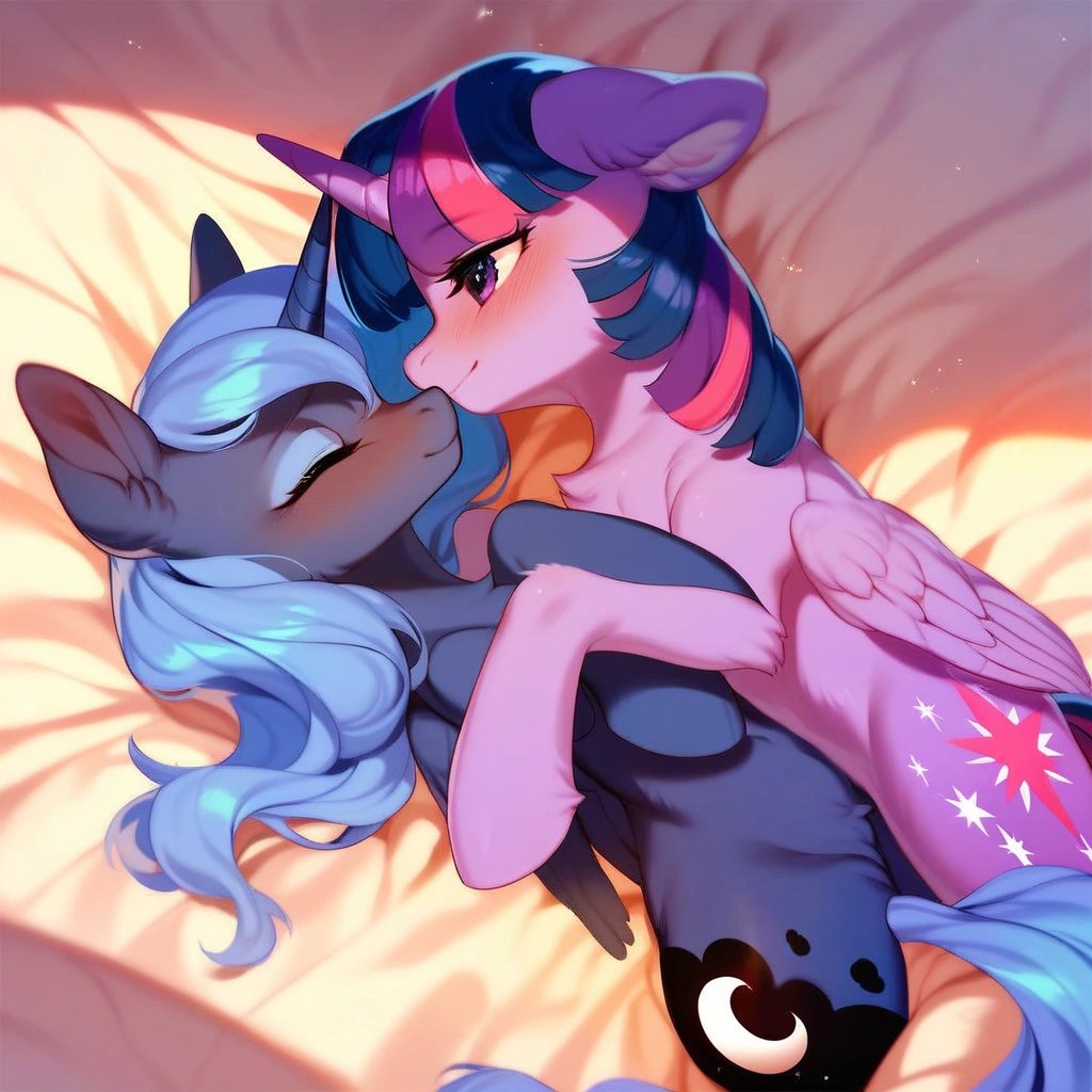 score_9, pony, feral, duo, twilight sparkle/princess luna, woona, adorasexy, cute, suggestive, alluring pose, detailed fur, detailed face, blush, fluffy ears, loving embrace, beautiful, pretty, fluffy chest, absurd resolution, absurd detail, cuddling, holding eachother, bed, nuzzling, hugging, loving embrace