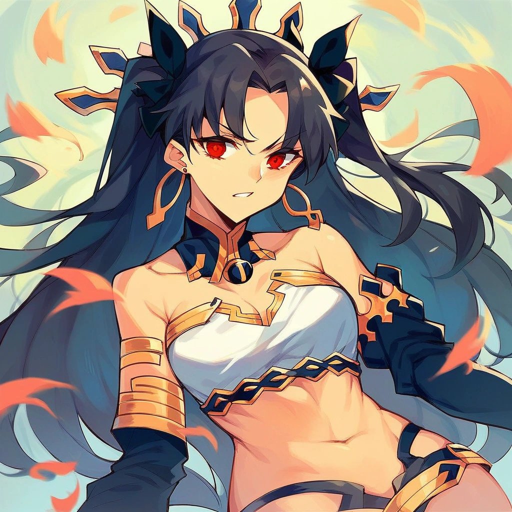 score_9_up, score_8_up, score_7_up, 1girl, solo, Ishtar \(Fate\), long hair, black hair, two side up, twintails, hair ribbon, red eyes