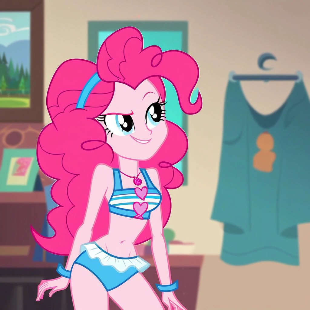 score_9, digital painting, show_accurate, equestria_girls, pinkie pie, bedroom_eyes, smirk, bikini