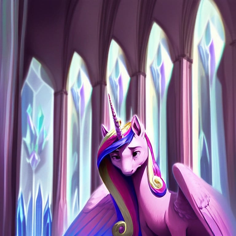 rating_safe, prompt:rating_safe, score_9, rating_safe, feral alicorn, princess cadance, sad expression, Crystal Empire Castle interior, staring at arching double doors, horn glowing, high detail, realistic