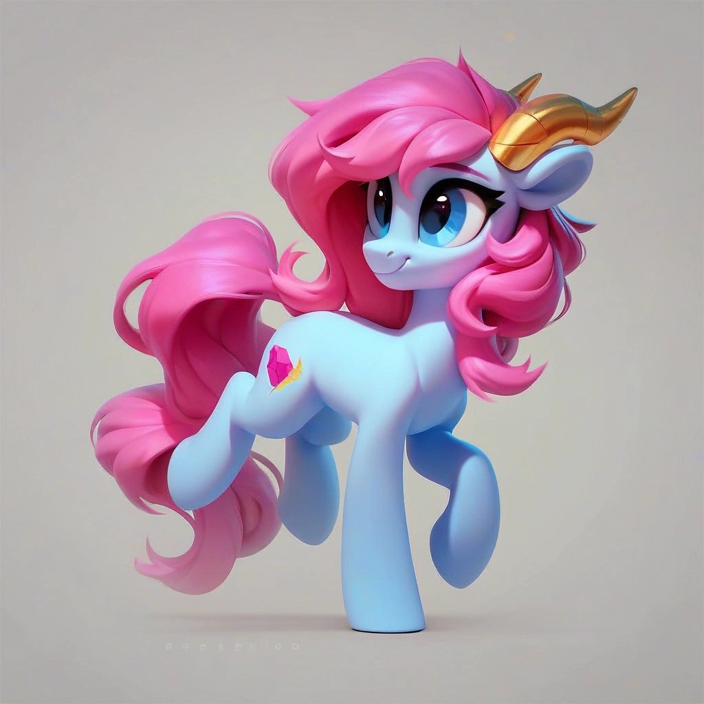 :score_9, (rating_safe), dragon pony, mlp, 2d, light blue skin, pink hair, 2 golden horns on each side of the head, full body, cute style