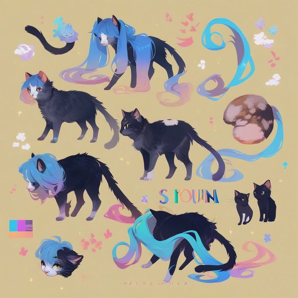 score_9, (rating_safe), Feral cat, oc, random design, colourful, matching, sona, cat, 2d base, reference sheet